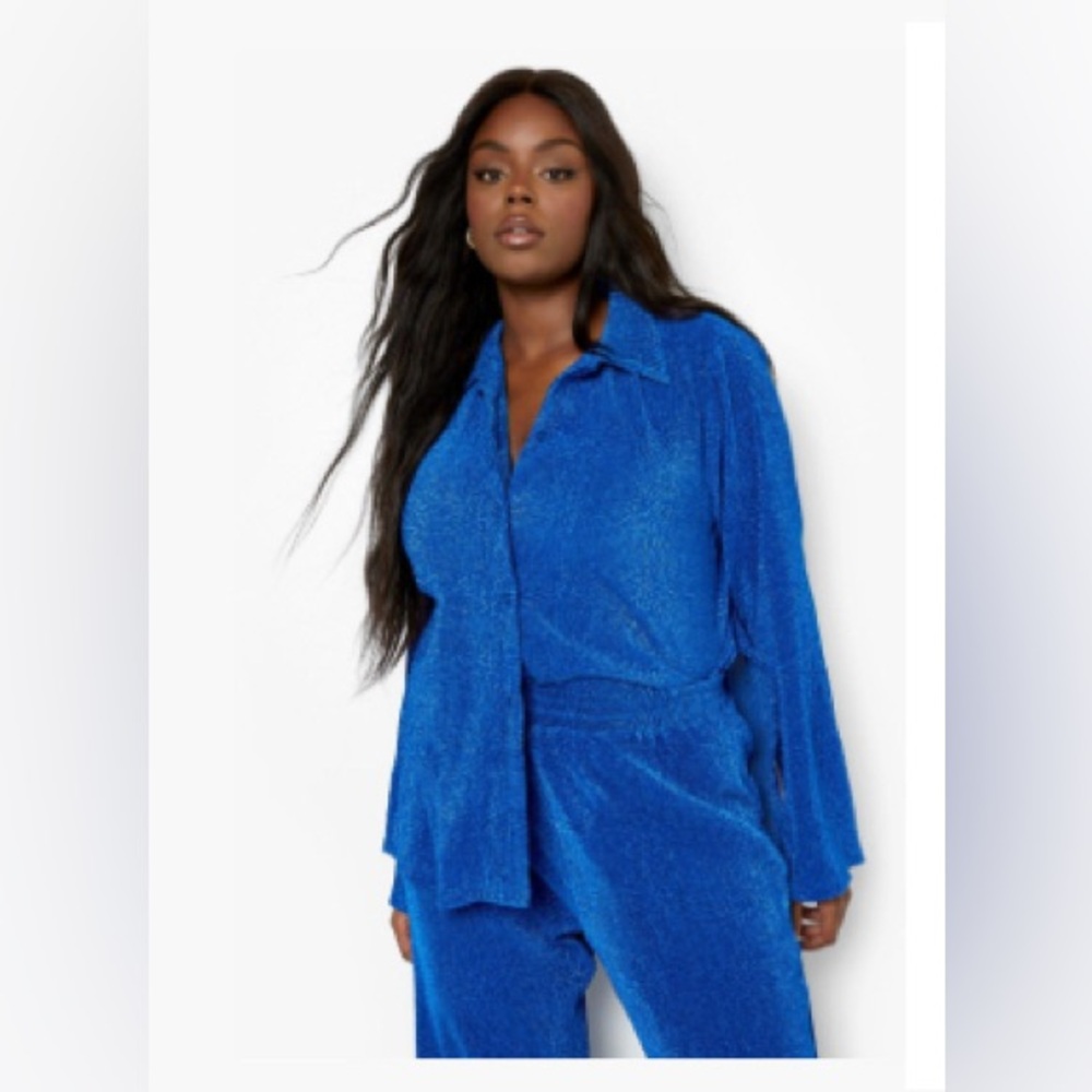 Boohoo Plus Metallic Plisse Oversized Shirt